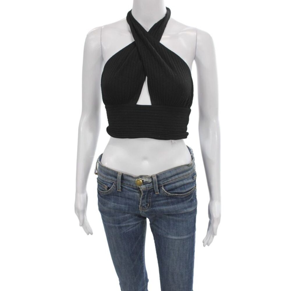 Callahan Women Cropped Halter Tank Black Cotton Summer Size S